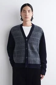 Checked Wool V-Neck Cardigan