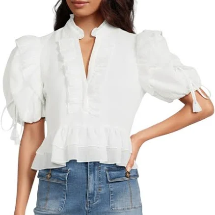 A Loves A Woven Ruffle Split V-Neck Short Bubble Sleeve Cropped Blouse