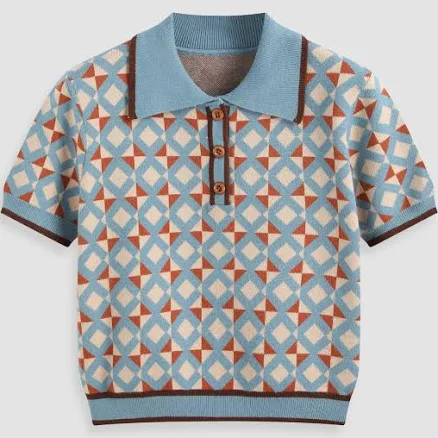 CIDER Women's Boho Geometric Short Sleeve Button Collar Shirt