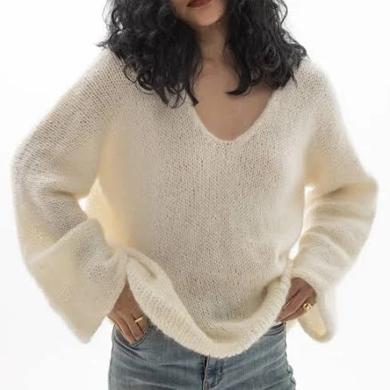 Hand Knit Mohair V-Neck Oversize Slouchy Sweater