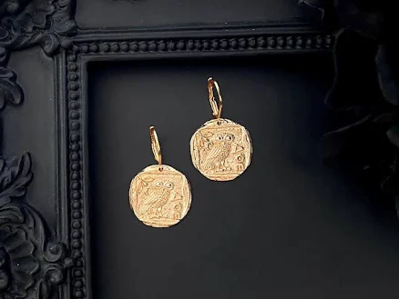Greek Bird Gold Filled Owl Coin Earrings
