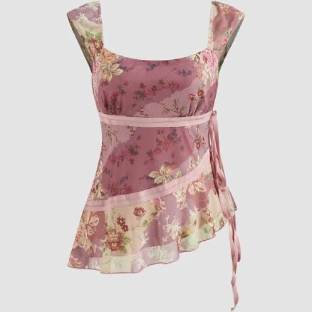 CIDER Women's Tank Top Cute Mesh U-Neckline Floral Asymmetrical Ruffle Trim Knotted