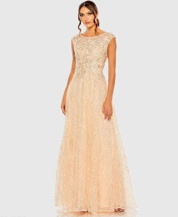 Mac Duggal Women's High Neck Lace Embroidered A-Line Gown with Cap Sleeve