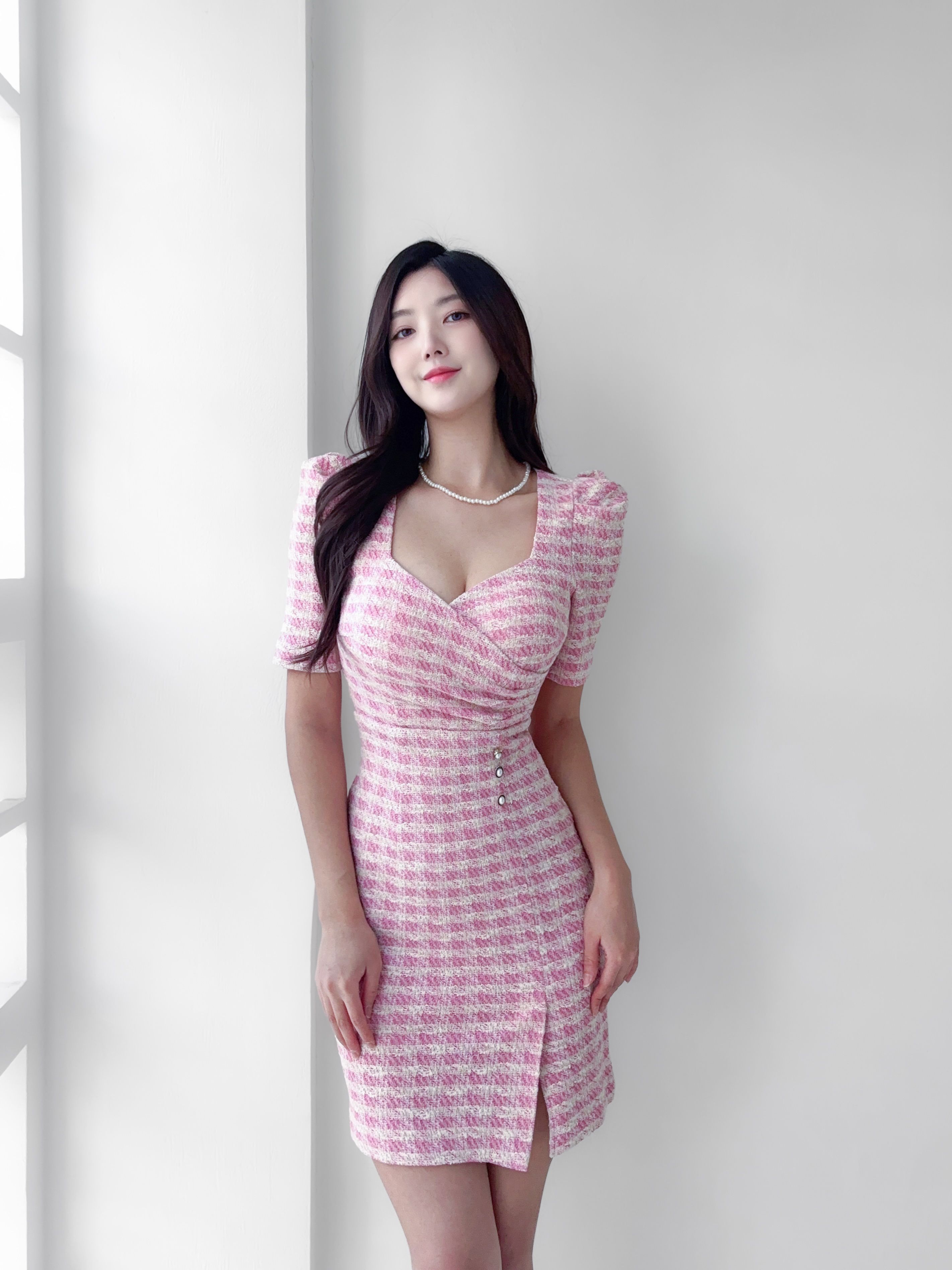 옆셔링 체크 미니 원피스 섹시 홀복