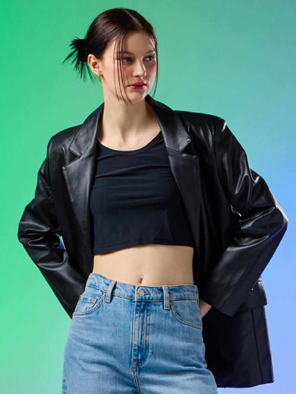 WOMEN Oversized Fit Soft Leather Leather Blazer [BLACK]