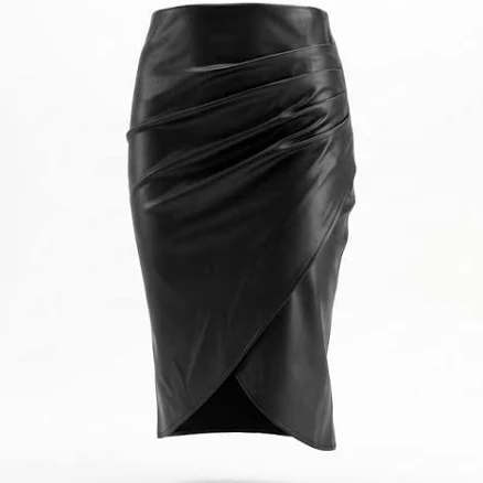 Micas Skirts | Black Faux Leather Draped Wrap Midi Skirt Size Medium | Color: Black | Size: M | Closetfromrina's Closet