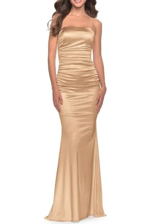 La Femme Women's Strapless Stretch Satin Maxi Dress with Ruching