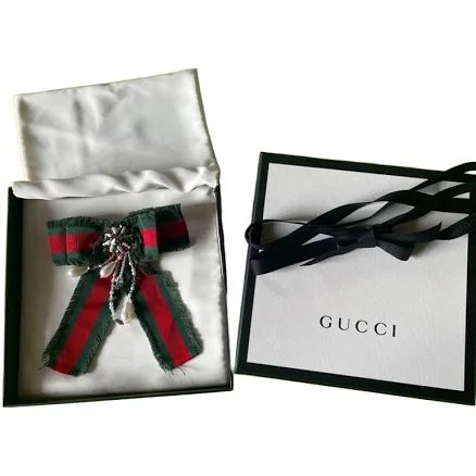 Gucci Ribbon Brooch Green Red Stripe Web Pattern Silver Tone Pin