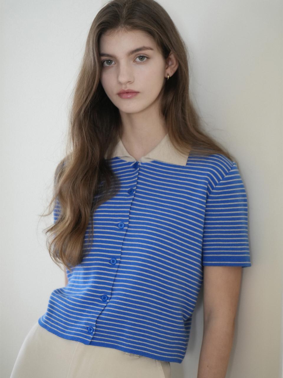 Stripe Collar Half Knit Cardigan (Blue)