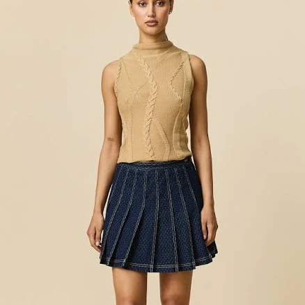 Indigo Jacquard Denim Pleated Skirt