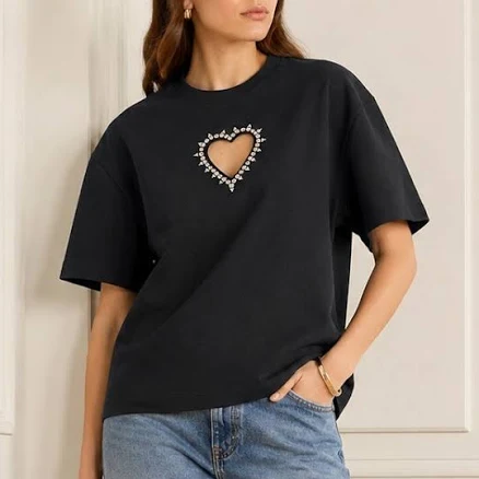 AREA Women's Crystal Heart Cutout Relaxed T-Shirt