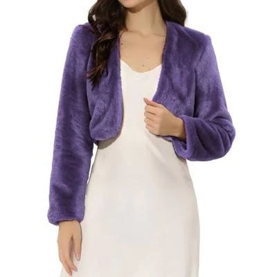 Allegra K Women's Cropped Open Front Collarless Long Sleeve Faux Fur Jacket