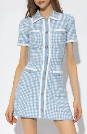Self-portrait Blue Lurex Knitted Mini Dress Short Sleeve Shirt Dress