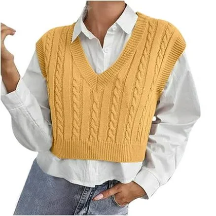 Women's Sleeveless V Neck Cable Knitted Sweater Vest