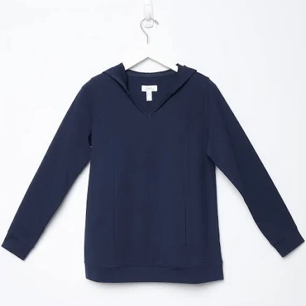 Denim & Co. Active French Terry V-Neck Hooded Pullover, Size Medium, Navy