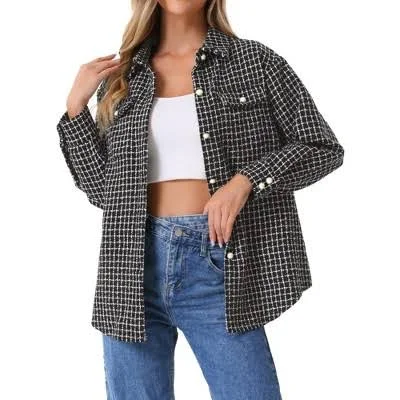 Allegra K Women's Loose Fit Plaid Tweed Shirt Jacket