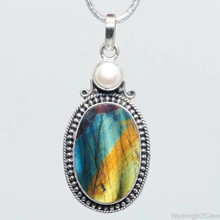 Sterling Silver Large Labradorite Pearl Necklace