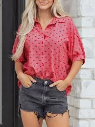 Heart Print Button-Down Shirt - Strawberry / S