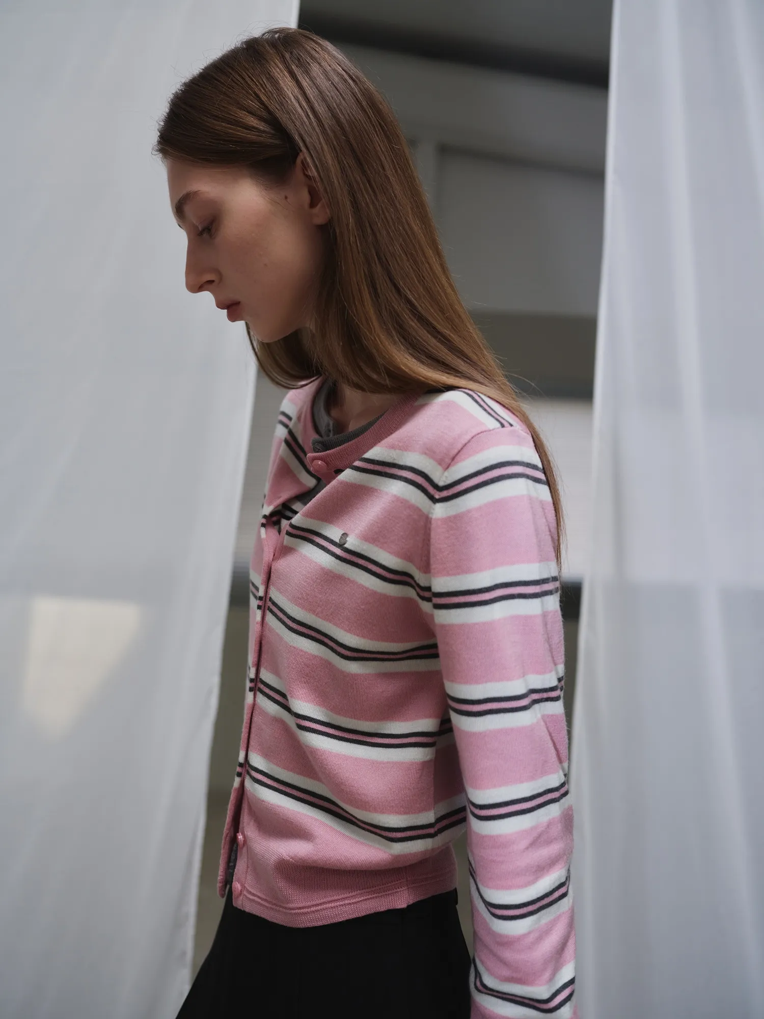 Multi Stripe Crewneck Cardigan [PINK] / WBE1L04504