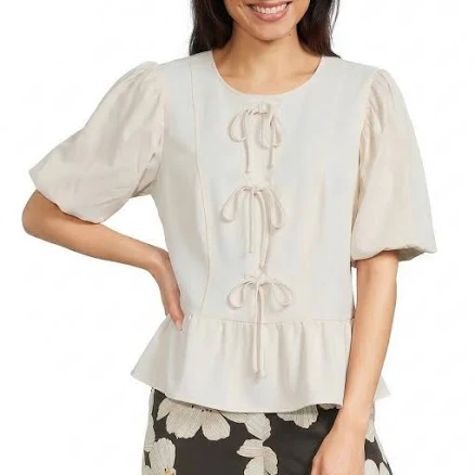 MELLODAY Mixed Media Round Neck Short Puff Sleeve Bow Tie Front Peplum Blouse Womens
