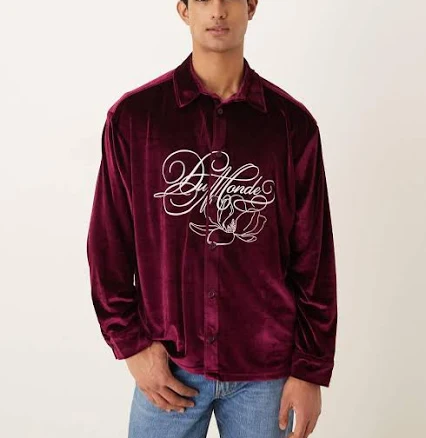 ASOS Design Oversized Velour Shirt with Embroidery