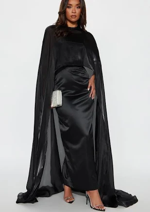 Fashion Nova Cape Sheer Sleeveless Satin High Neck Gown