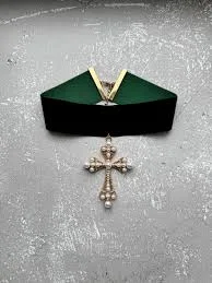 Velvet Choker Necklace: Baroque Pearl Cross, Gothic Grunge Accessory
