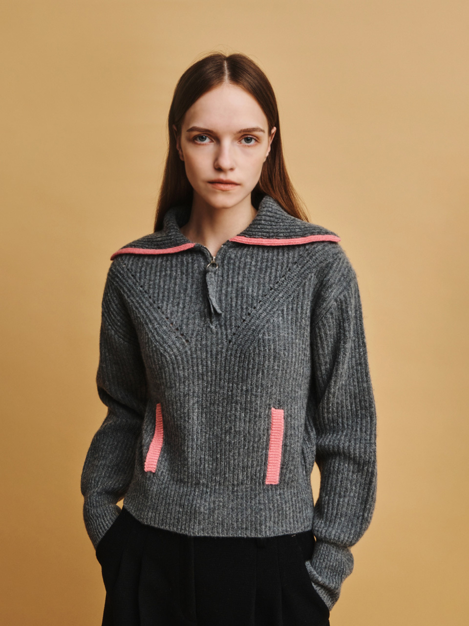 Two-tone Trimming Pullover_Gray Pink