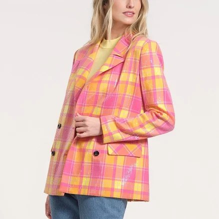 Isaac Mizrahi New York Women's Sequin Plaid Double Breasted Blazer