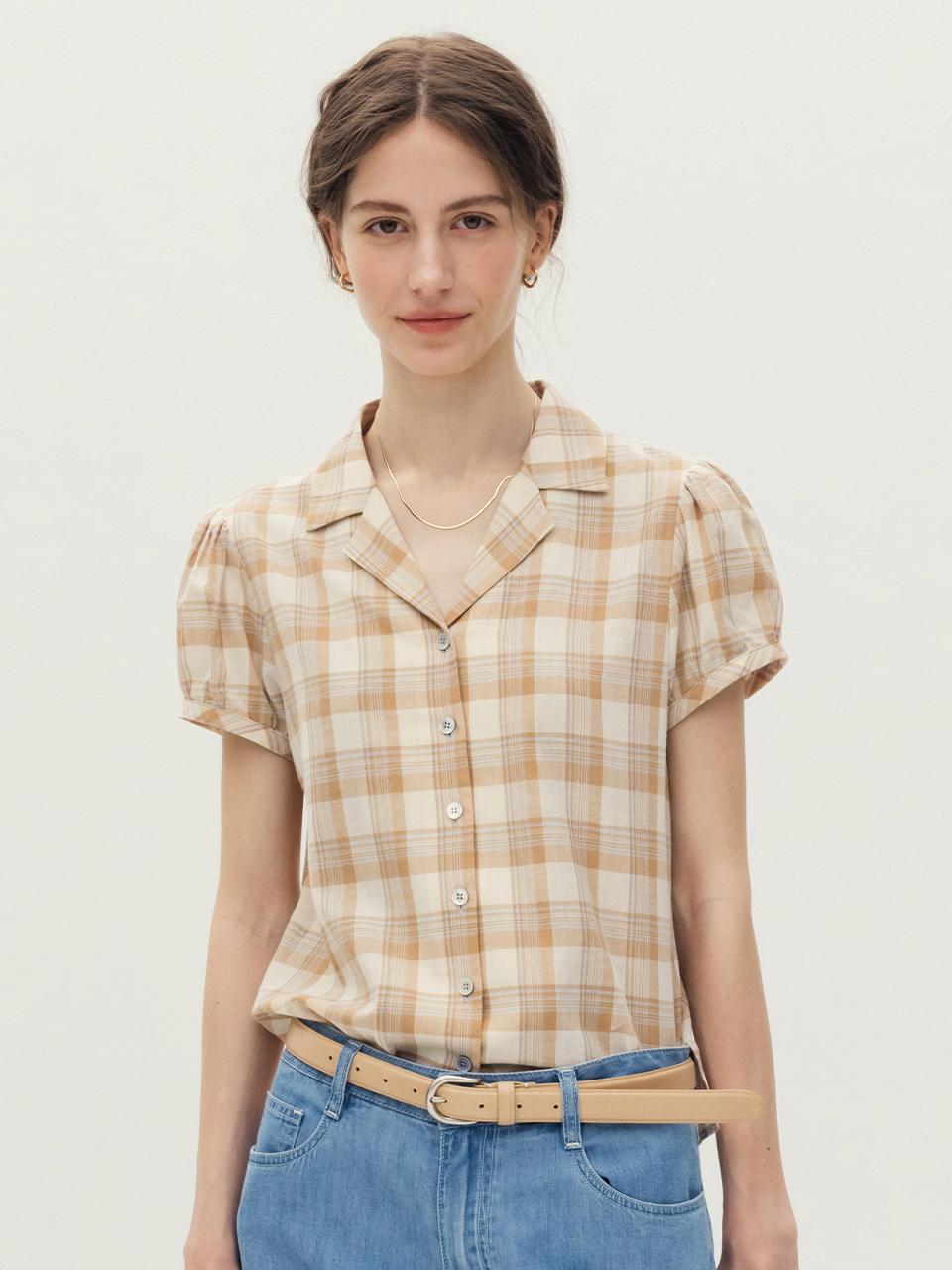 Vista Notched Collar Volume Sleeve Blouse [Beige check]