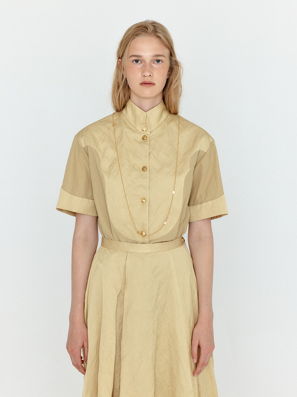 Winda Western Bib-Front Half Sleeve Shirt_Beige