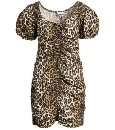 Ganni Women's Leopard-Printed Gathered U-Neck Mini-Dress