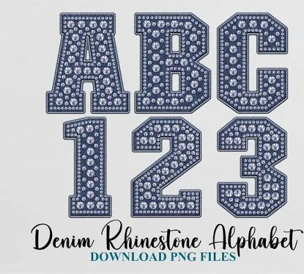 Denim Rhinestone Faux Stitch Letters Alphabet Numbers PNG Design Template Download Digital File Faux Stitch Embroidery Use Commercial