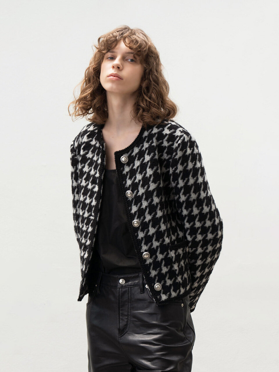 Collarless Tweed Jacket_Grey/Black