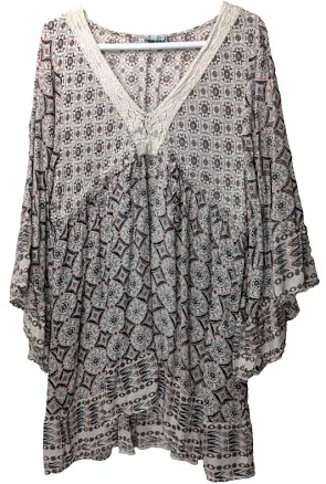 Nostalgia Womens Southwestern Lace V Neck Tie Tunic Top Flared Sleeves