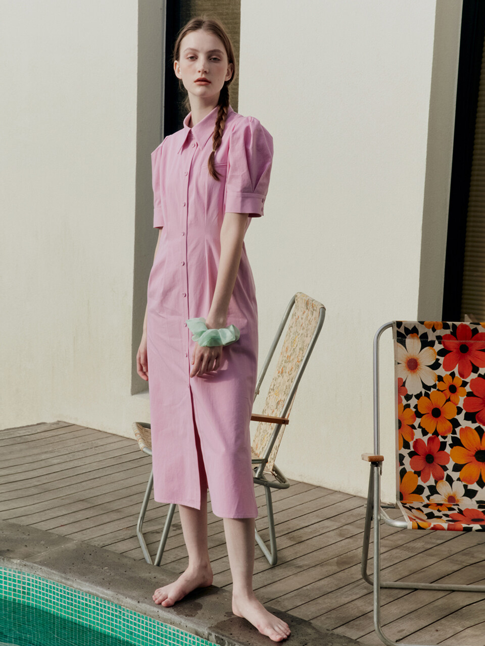 FAIRFAX Puffed Shoulder Waist Tuck Detail Shirt Dress (Pink/Navy)