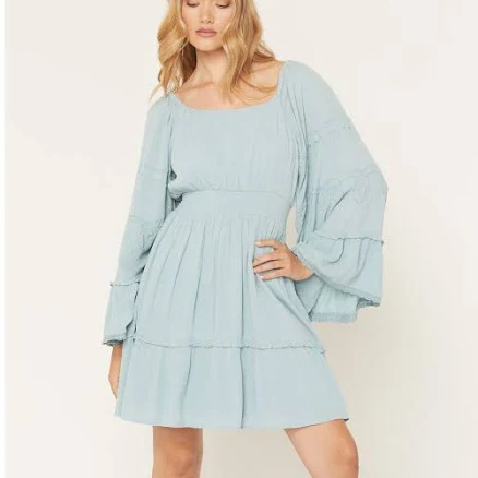 Shyanne Women's Highlands Embroidered Long Bell Sleeve Mini Dress