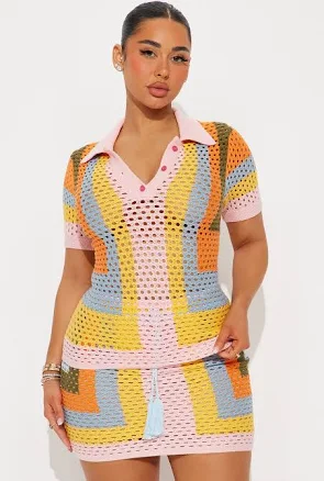 Fashion Nova Next Vacation Crochet Polo Bodycon Short Set