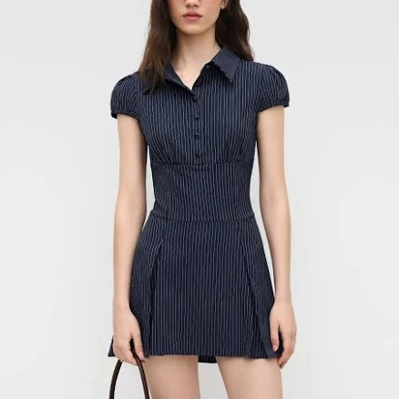 CIDER Women's Woven Collar Striped Pleated Shirt Mini Dress for Daily Casual