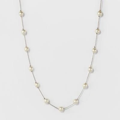 Short Faux Pearl Chain Necklace - A New Day Silver: Lobster Claw Clasp, Glass Brass Zinc, 18" with 3" Extender