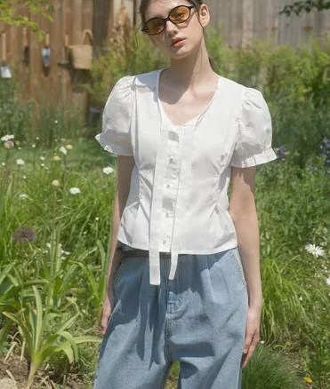 VITALSIGN Floral Embroidered Pearl Button Blouse With Tie by W Concept