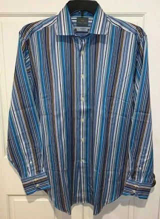 Mens Td Thomas Dean Blue Striped Cotton Long Sleeve Shirt Size L