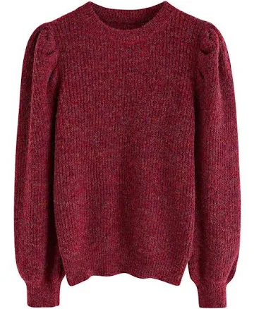 Mix-Knit Puff Sleeve Ribbed Sweater
