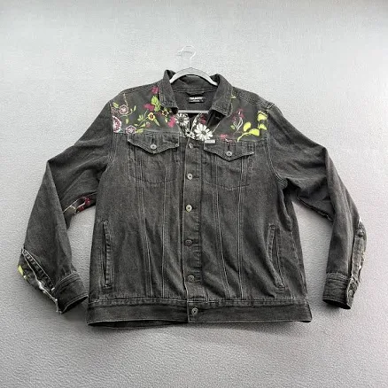 Trukfit Denim Jacket Mens Large Black Floral Mushroom Print Trucker
