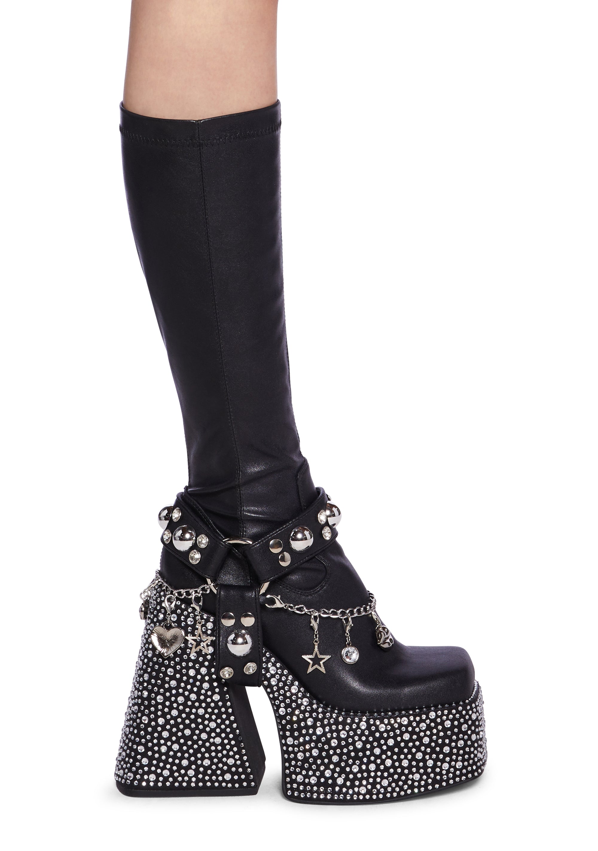 Dolls Kill x Bratz Harness Rhinestone Charm Platform Knee High Boots