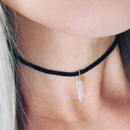 Crystal Choker on Black Suede Rose Quartz |Crystal Quartz