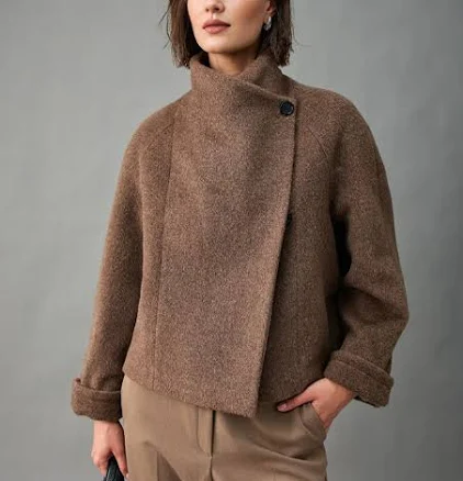 Handcrafted Peruvian Alpaca Wool Asymmetric Short Stand-Collar Coat