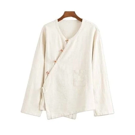 Women's Ruffle Trim Linen Wrap Top V Neck Long Sleeve Blouse