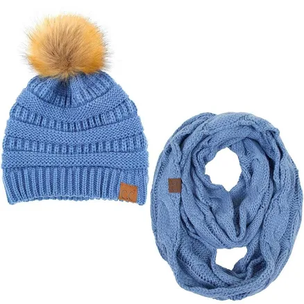 C.c 2pc Soft Warm Winter Neck Warmer Knit Beanie With Pom & Infinity