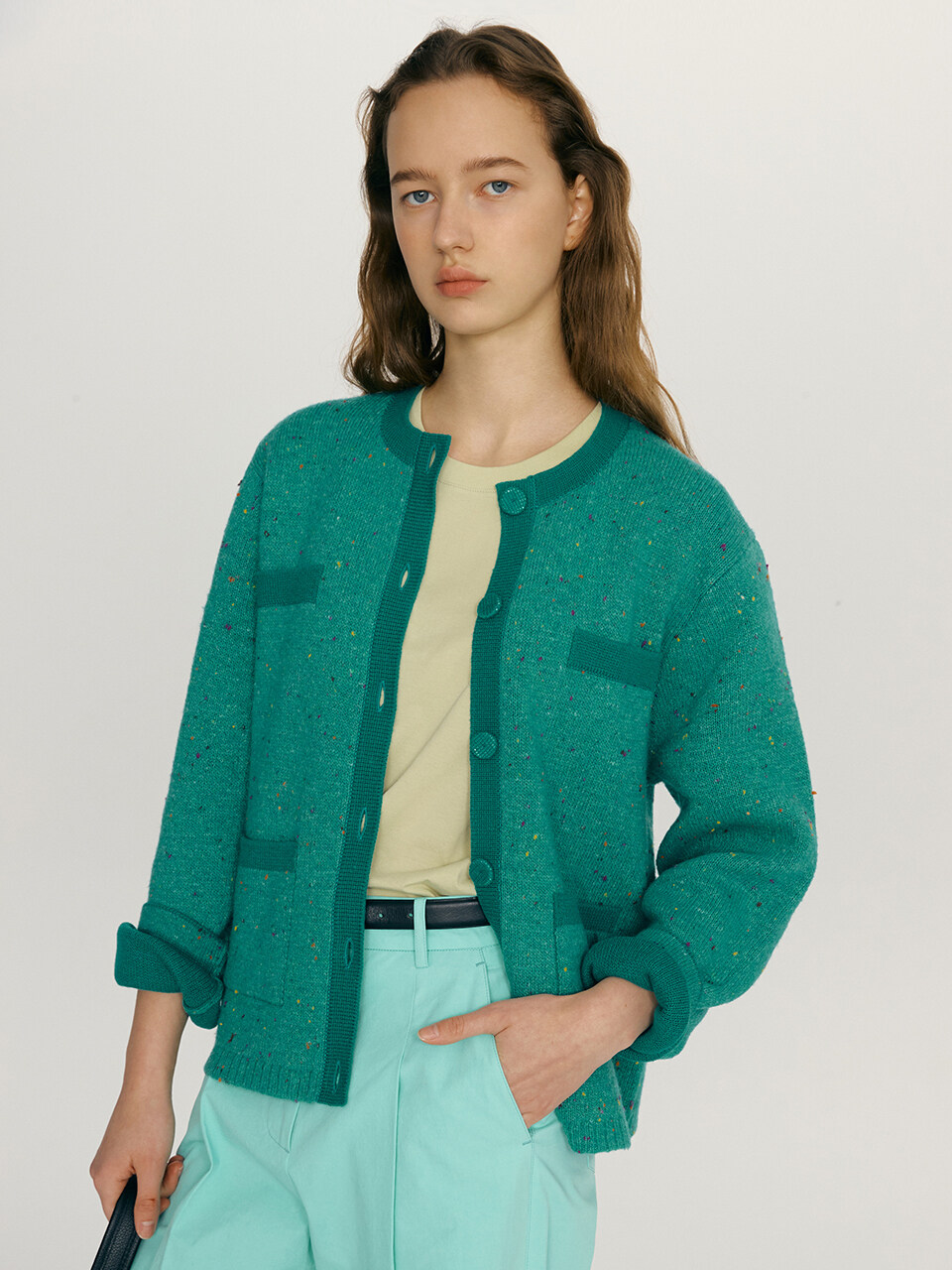 WISH Nep Yarn Knit Cardigan (Teal Green)